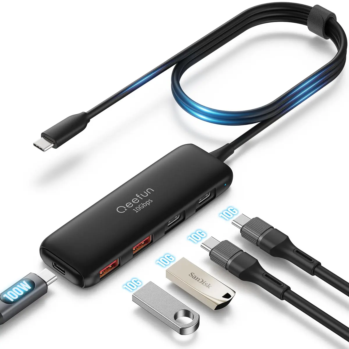 Q QEEFUN USB C Hub 10Gbps, 4-Port USB 3.2 Gen 2 Hub with 2 USB-C & 2 USB-A Ports, 100W PD Charging Port, Aluminum Casing - main product image