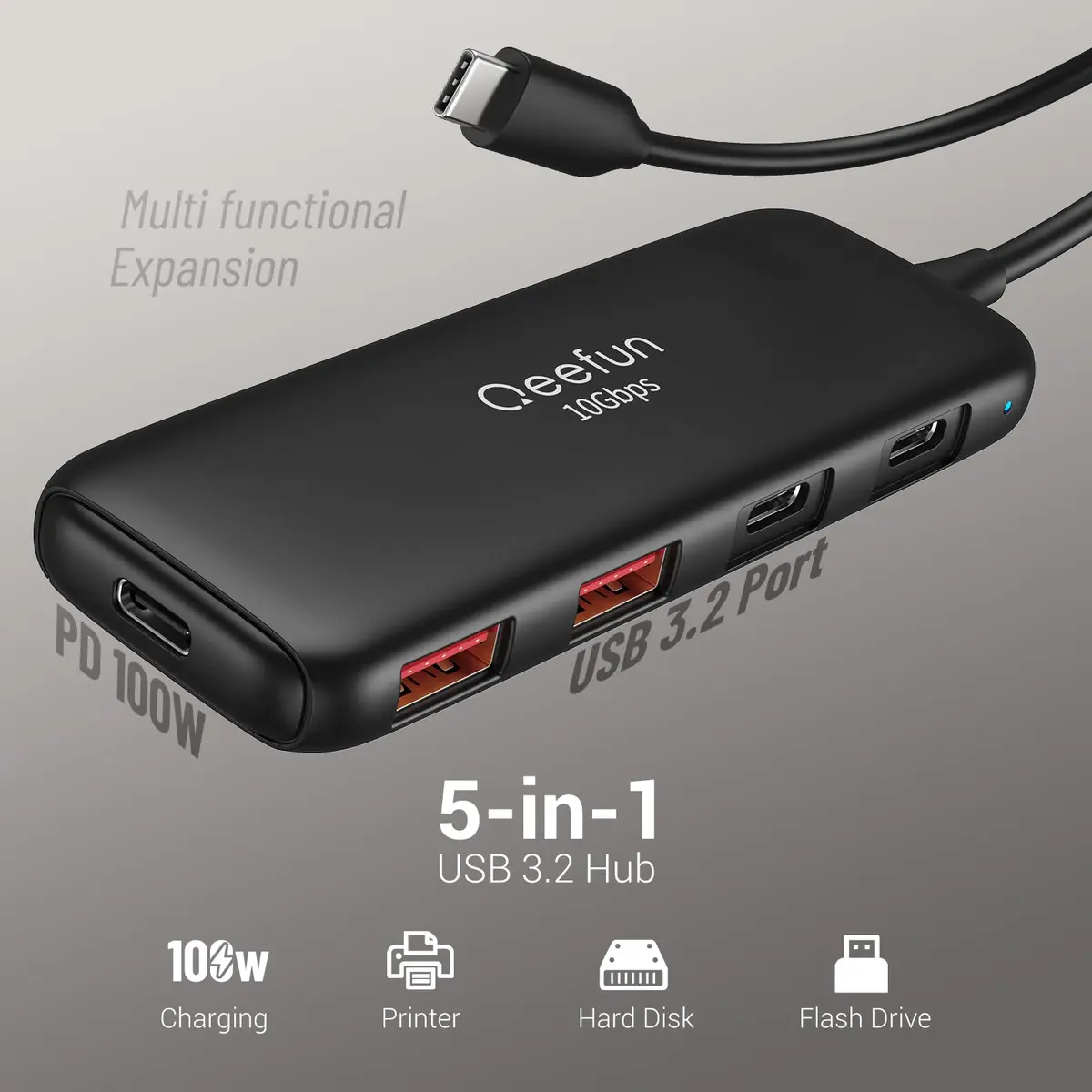 Q QEEFUN USB C Hub 10Gbps, 4-Port USB 3.2 Gen 2 Hub with 2 USB-C & 2 USB-A Ports, 100W PD Charging Port, Aluminum Casing - view 10