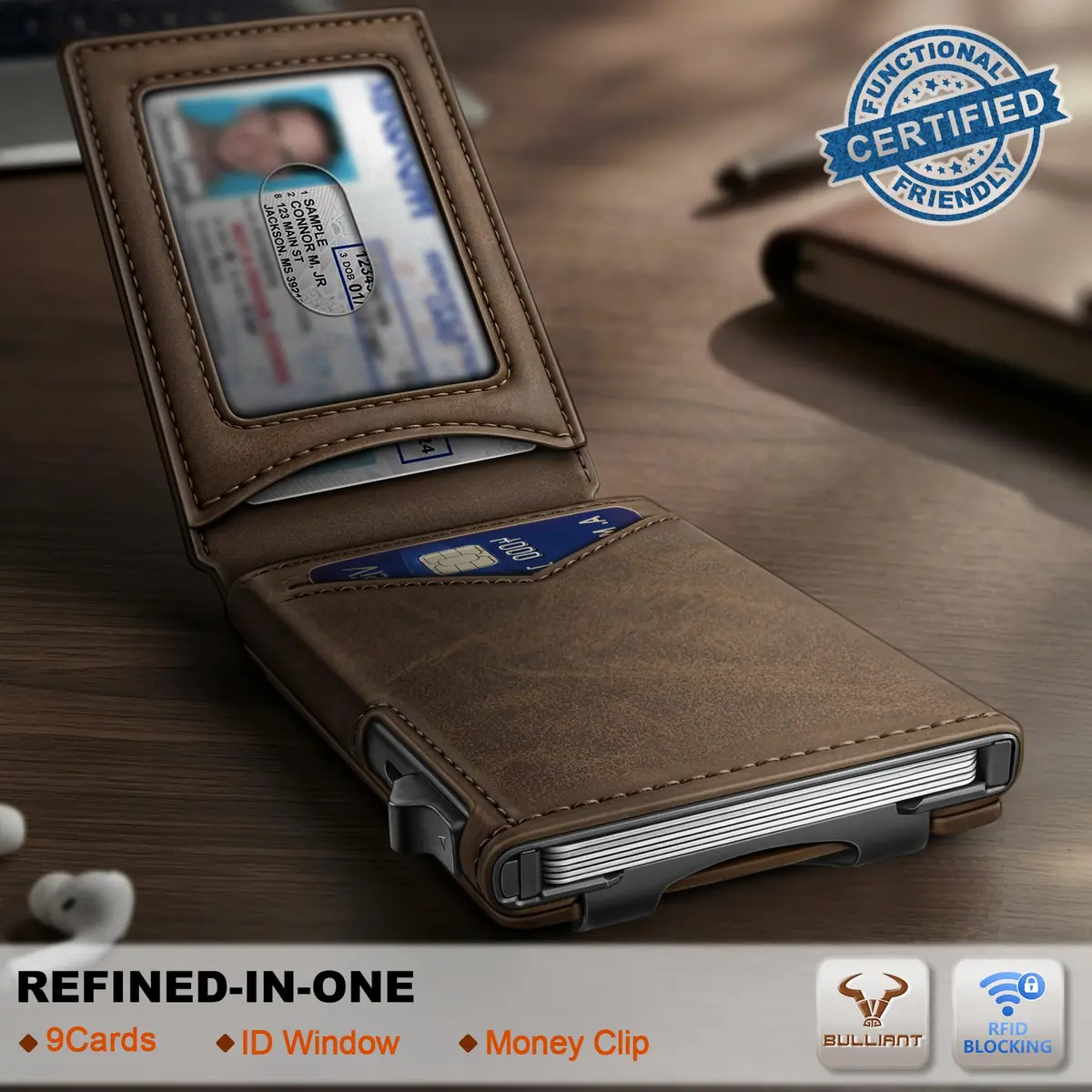 BULLIANT Men Slim Magnetic Leather Wallet with Metal Money Clip | 9 Card Slots, RFID Protected, Compact Fit - view 2