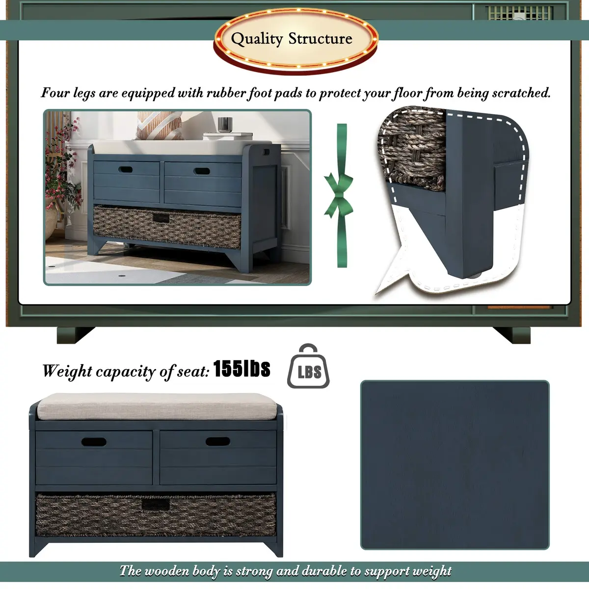 Brisca Storage Bench with 1 Removable Basket and 2 Drawers | Fully Assembled Wooden Entryway Seat (70-120c) - view 6