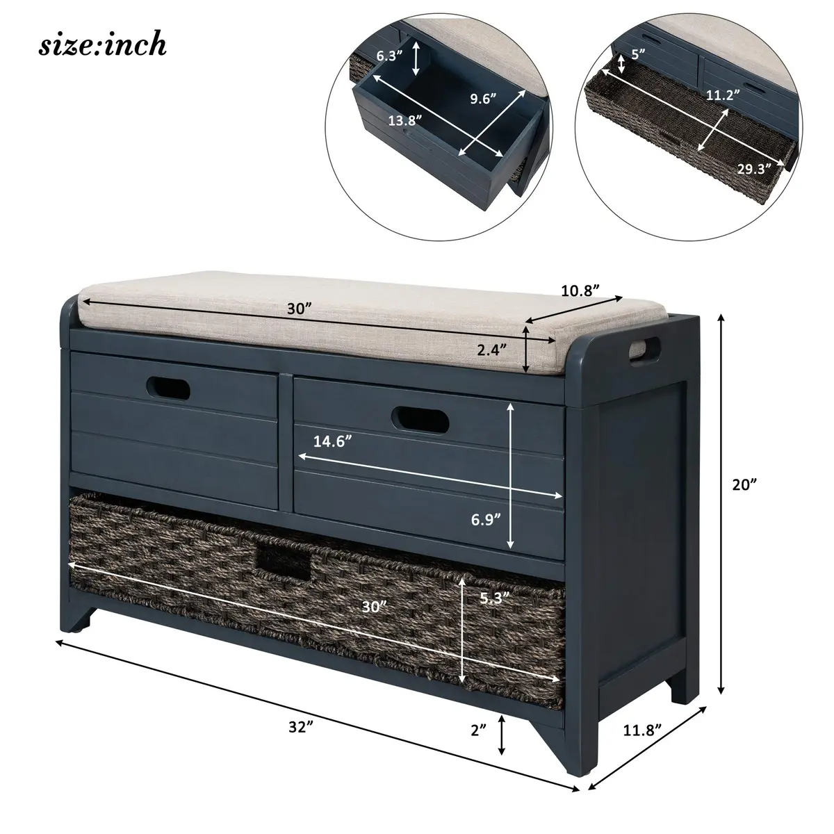 Brisca Storage Bench with 1 Removable Basket and 2 Drawers | Fully Assembled Wooden Entryway Seat (70-120c) - view 7
