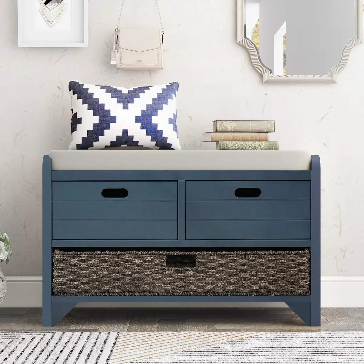 Brisca Storage Bench with 1 Removable Basket and 2 Drawers | Fully Assembled Wooden Entryway Seat (70-120c) - view 2