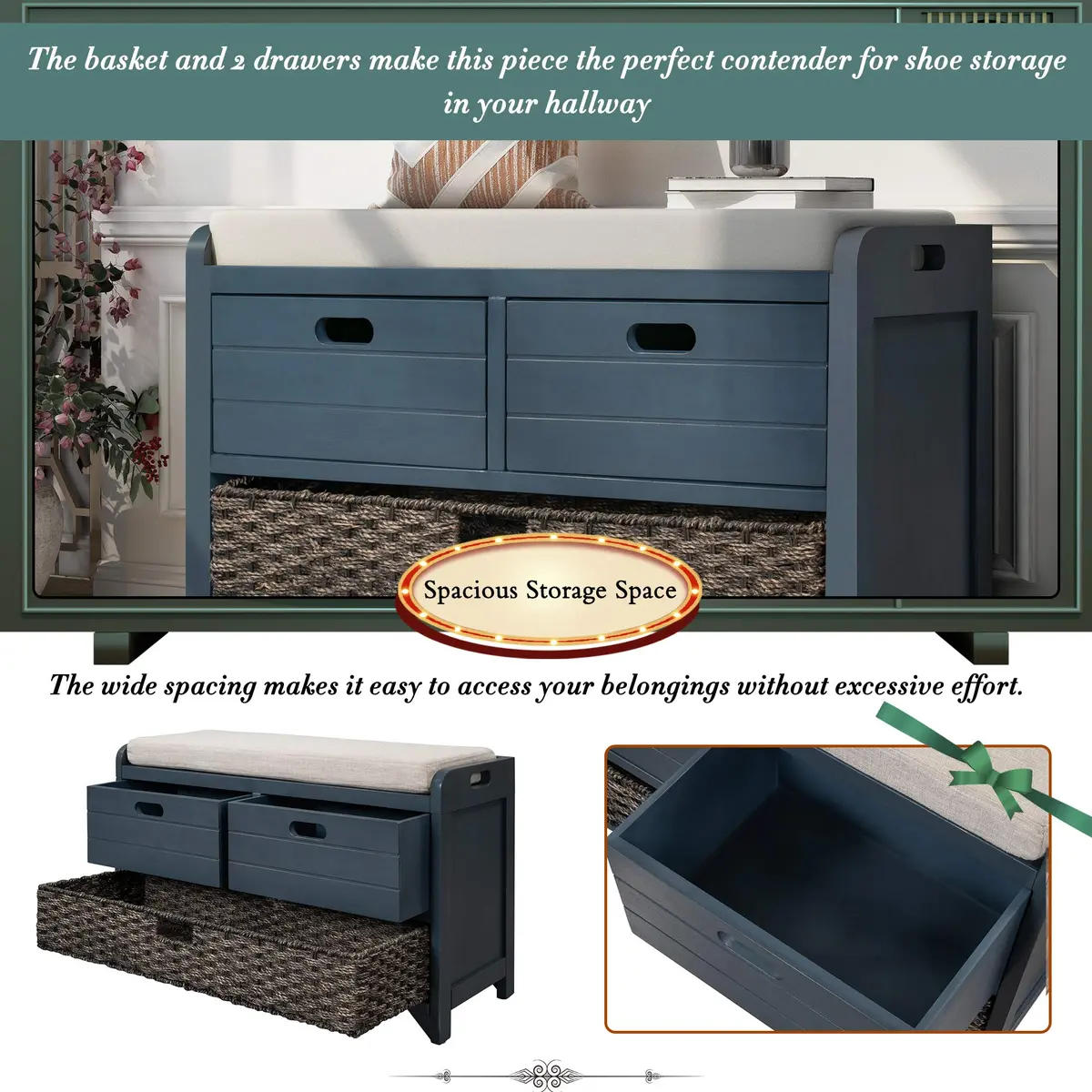 Brisca Storage Bench with 1 Removable Basket and 2 Drawers | Fully Assembled Wooden Entryway Seat (70-120c) - view 3