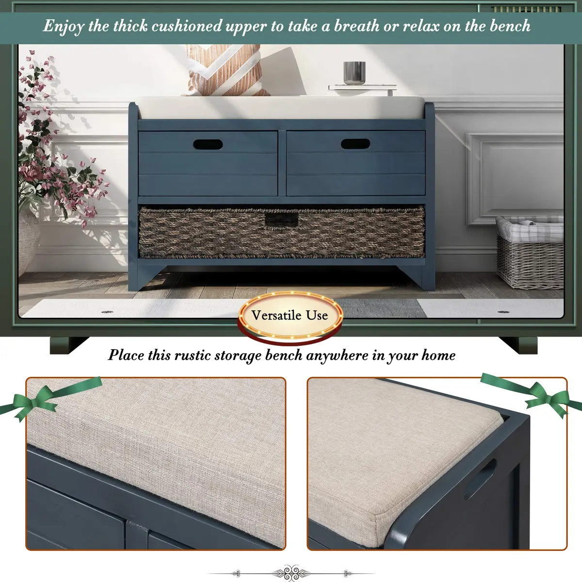 Brisca Storage Bench with 1 Removable Basket and 2 Drawers | Fully Assembled Wooden Entryway Seat (70-120c) - view 4