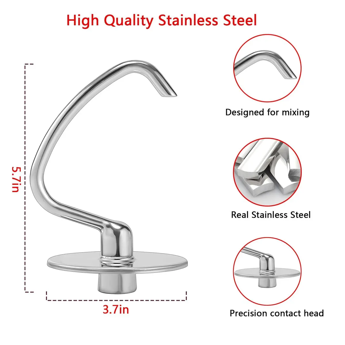 KINGEAGLE Stainless Steel Dough Hook for KitchenAid 4.5-5 QT Tilt-Head Stand Mixers | Dishwasher Safe Metal Kneading Bread Hook Attachment for Kitchen Aid Original Bowl Only, Easy Dough Kneading, Uncoated Design - view 5