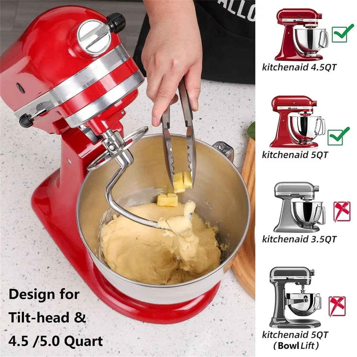 KINGEAGLE Stainless Steel Dough Hook for KitchenAid 4.5-5 QT Tilt-Head Stand Mixers | Dishwasher Safe Metal Kneading Bread Hook Attachment for Kitchen Aid Original Bowl Only, Easy Dough Kneading, Uncoated Design - view 2