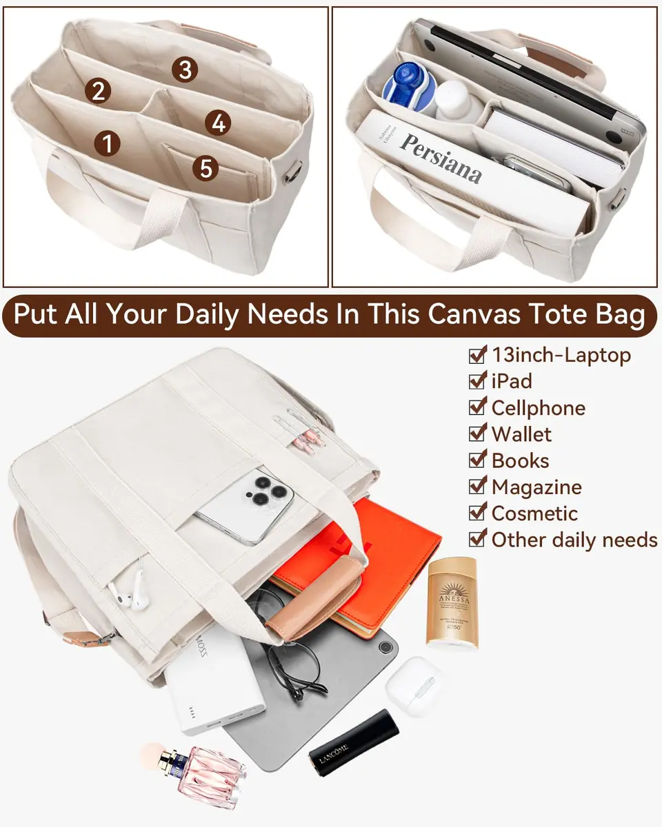 ABOUME Canvas Tote Bag with Multi-Pocket Large Capacity | Multi-Function Women’s Handbag - view 4