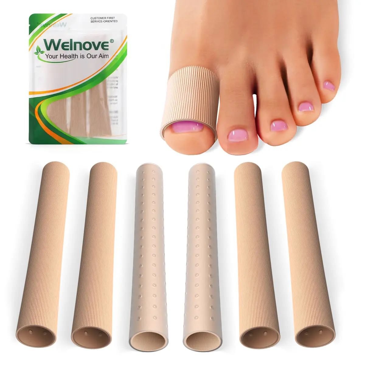 Welnove Toe Tubes Sleeves Protectors - 6 Pack Toe Cushions for Pain Relief - Fabric & Breathable Gel Lining Toe Protectors for Corns, Calluses, Blisters (Large Size) - main product image