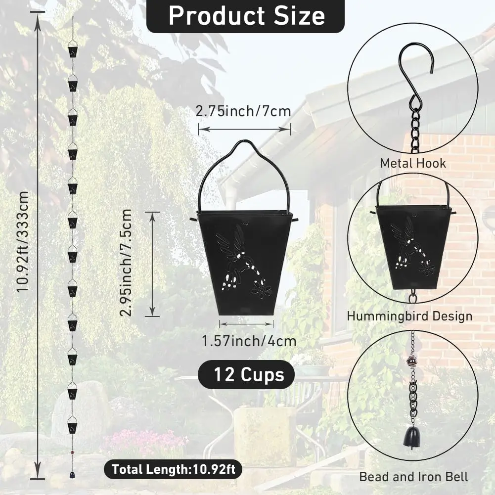 giole Black Square Rain Chain 3.33 m (10.92 ft) | Decorative Metal Downspout Alternative - view 2