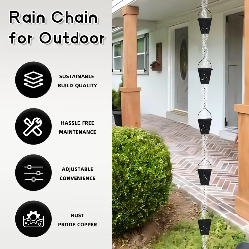 giole Black Square Rain Chain 3.33 m (10.92 ft) | Decorative Metal Downspout Alternative - view 3