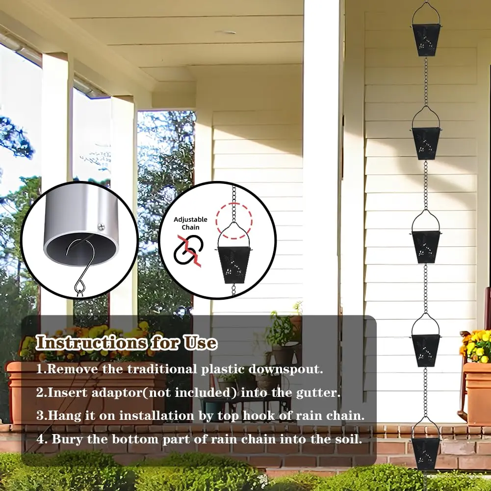 giole Black Square Rain Chain 3.33 m (10.92 ft) | Decorative Metal Downspout Alternative - view 4