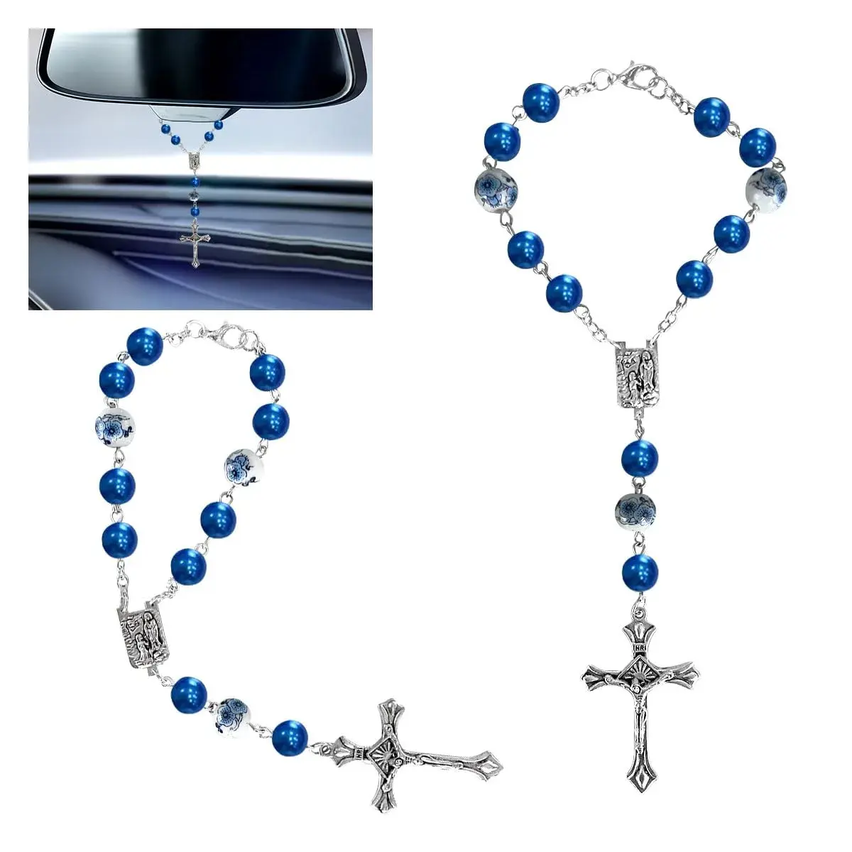 smilfuy 2PCS Car Rosary for Rearview Mirror, Blue Ceramic Beads Pendant | Religious Auto Decor - main product image