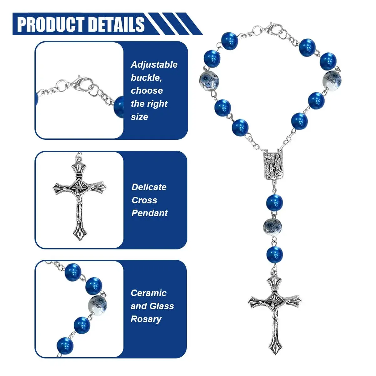 smilfuy 2PCS Car Rosary for Rearview Mirror, Blue Ceramic Beads Pendant | Religious Auto Decor - view 3