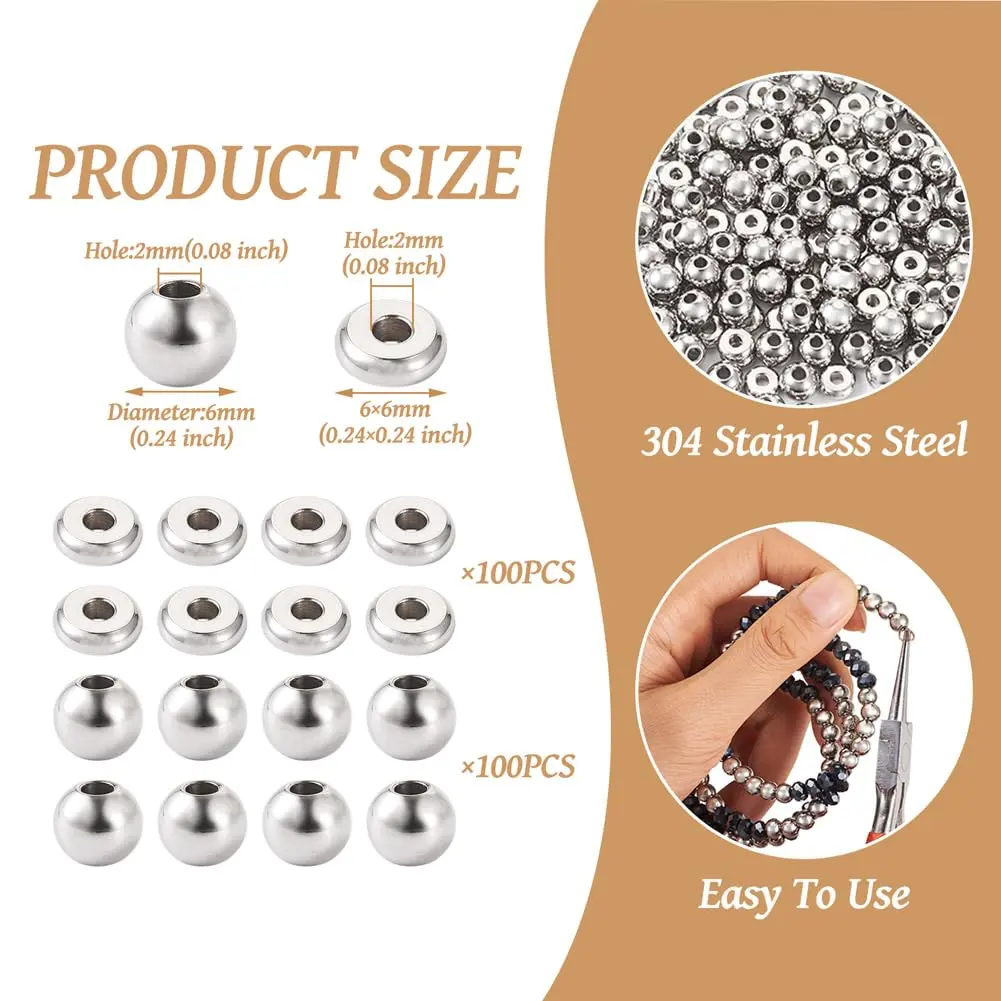 FASHEWELRY 200pcs Stainless Steel Beads 6mm | Flat & Round Spacer Beads for Jewelry DIY - view 3