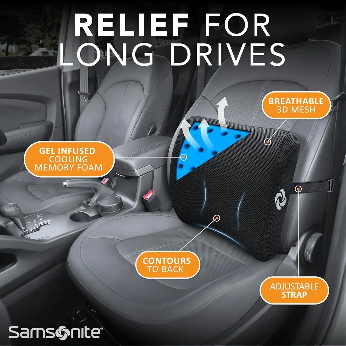 Samsonite Memory Foam Lumbar Support Pillow with Cooling Gel | Ergonomic Back Support for Office Chair, Gaming Chair & Car Seat - view 3