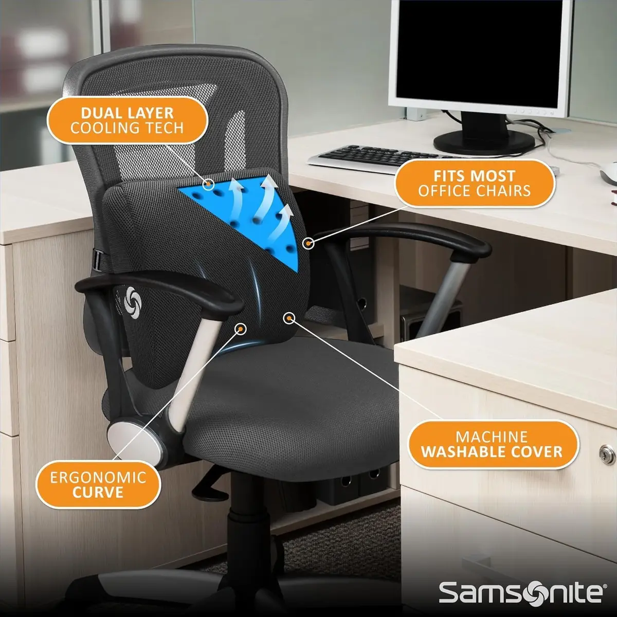 Samsonite Memory Foam Lumbar Support Pillow with Cooling Gel | Ergonomic Back Support for Office Chair, Gaming Chair & Car Seat - view 4