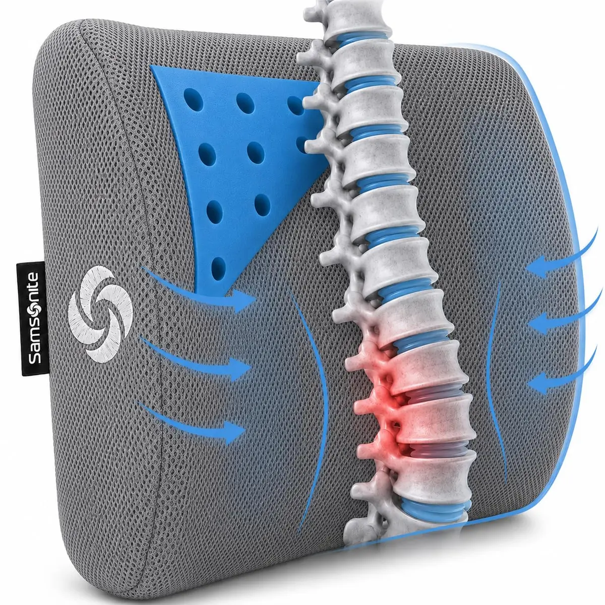 Samsonite Memory Foam Lumbar Support Pillow with Cooling Gel | Standard Size, Grey Mesh - main product image