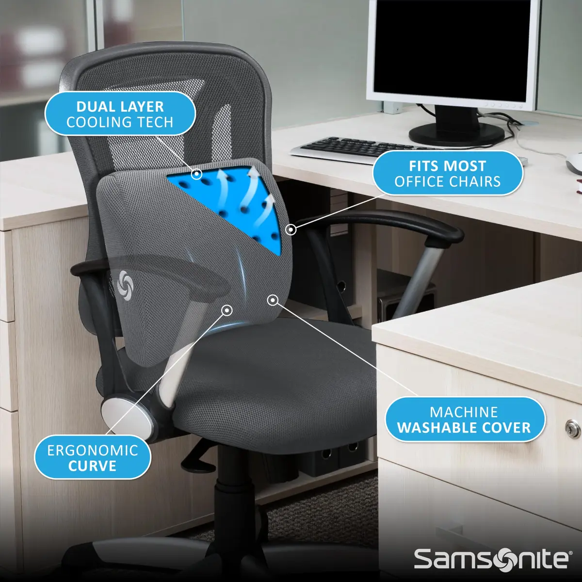 Samsonite Memory Foam Lumbar Support Pillow with Cooling Gel | Standard Size, Grey Mesh - view 5