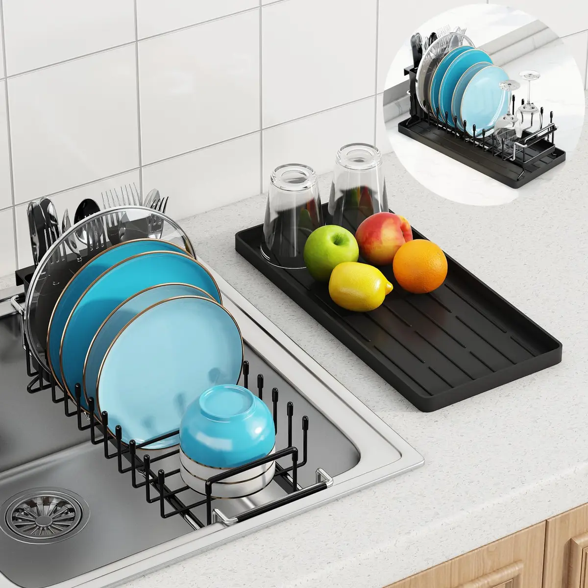 ANTOPY Sink Dish Drying Rack - Expandable Small Dish Rack Over Sinks with Silicone Drying Tray, Dish Drainer for Kitchen Counter with Cutlery Holder, Drying Rack Fit for 14’’-19’’ Kitchen Sink | Space-Saving, Expandable, Durable - main product image