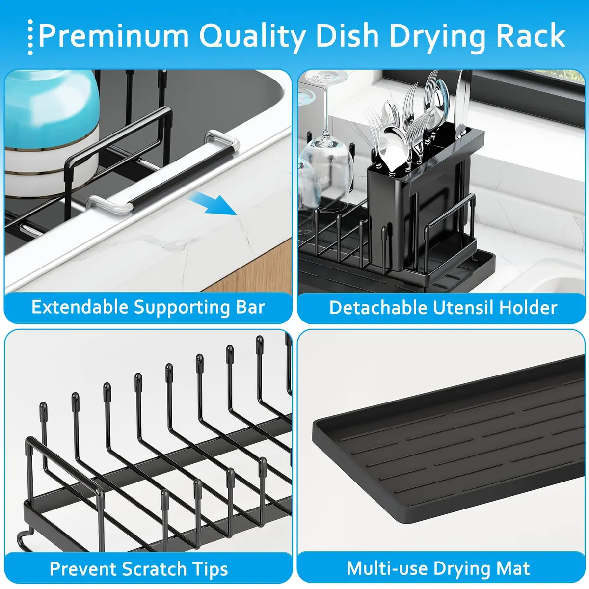 ANTOPY Sink Dish Drying Rack - Expandable Small Dish Rack Over Sinks with Silicone Drying Tray, Dish Drainer for Kitchen Counter with Cutlery Holder, Drying Rack Fit for 14’’-19’’ Kitchen Sink | Space-Saving, Expandable, Durable - view 5
