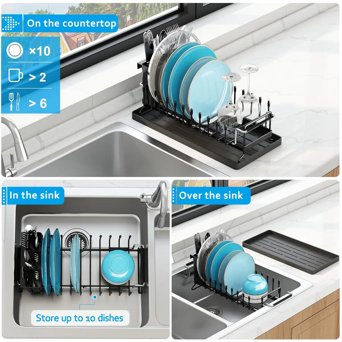 ANTOPY Sink Dish Drying Rack - Expandable Small Dish Rack Over Sinks with Silicone Drying Tray, Dish Drainer for Kitchen Counter with Cutlery Holder, Drying Rack Fit for 14’’-19’’ Kitchen Sink | Space-Saving, Expandable, Durable - view 2