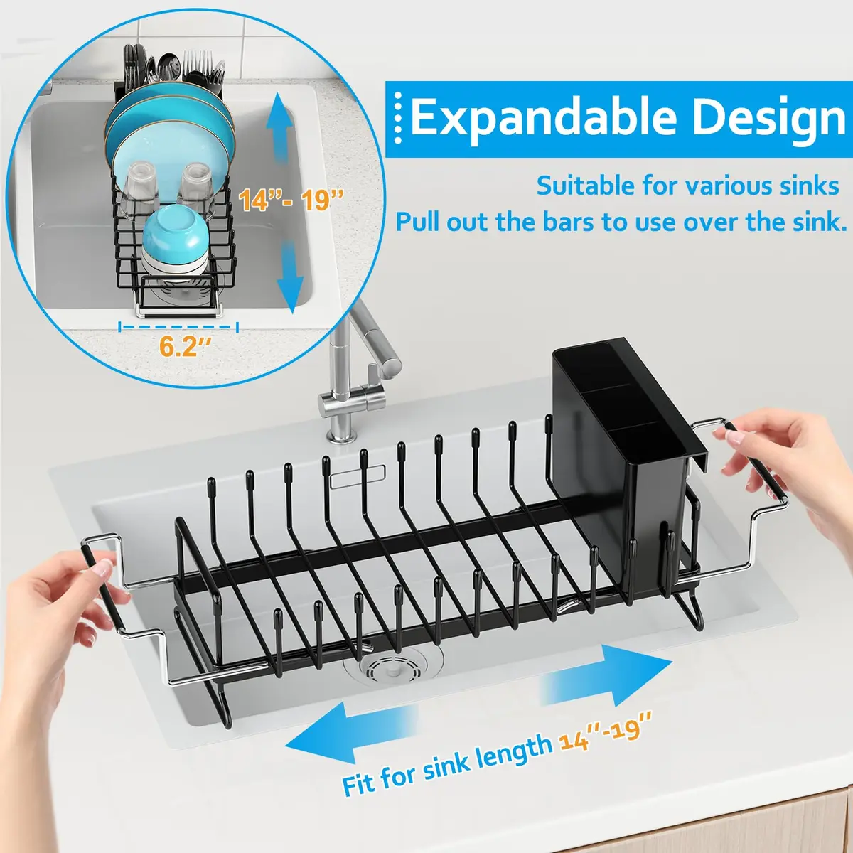 ANTOPY Sink Dish Drying Rack - Expandable Small Dish Rack Over Sinks with Silicone Drying Tray, Dish Drainer for Kitchen Counter with Cutlery Holder, Drying Rack Fit for 14’’-19’’ Kitchen Sink | Space-Saving, Expandable, Durable - view 3