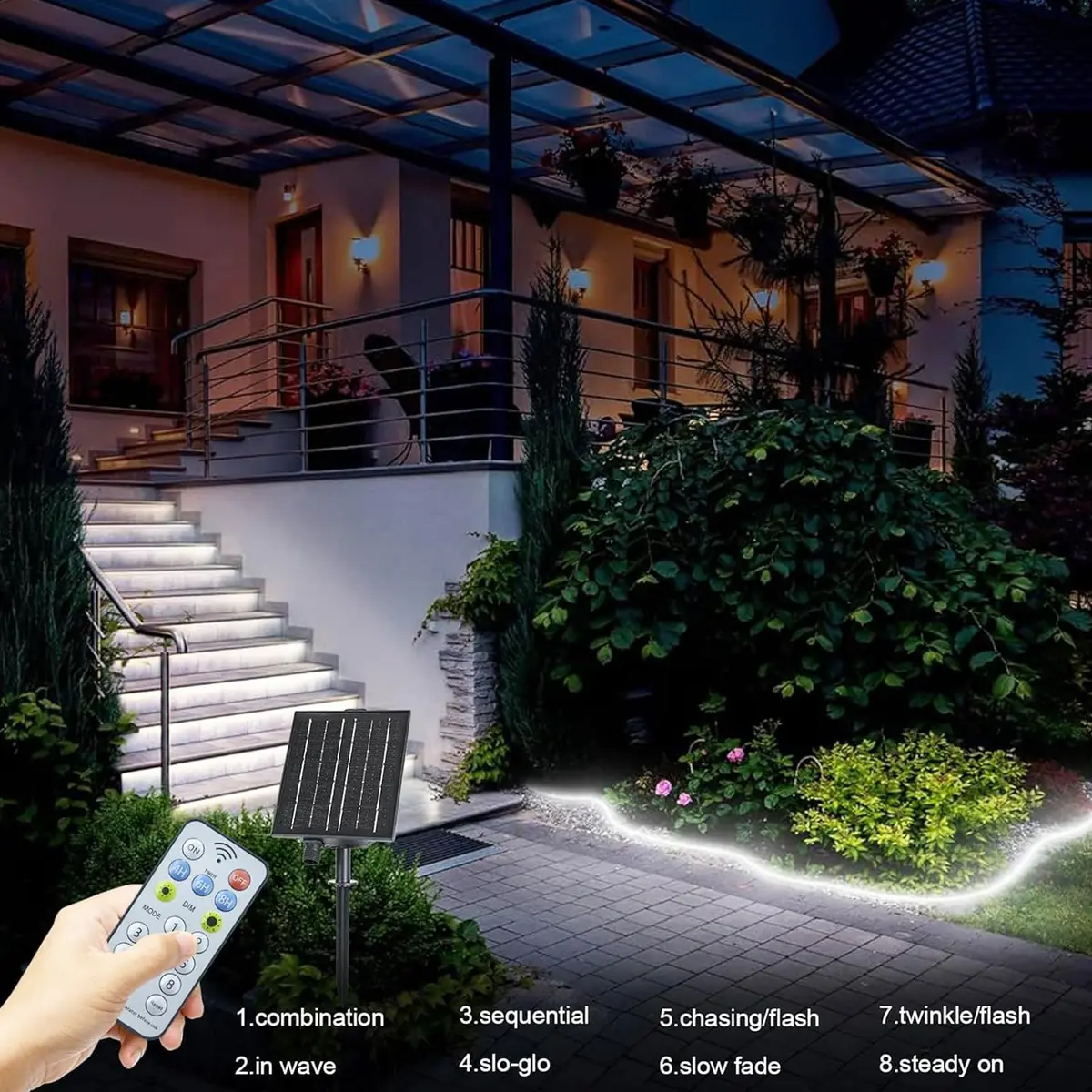 echosari 32.8ft Solar LED Strip Lights Outdoor Waterproof with Remote, Cool White (10m, 200 LEDs) - view 5