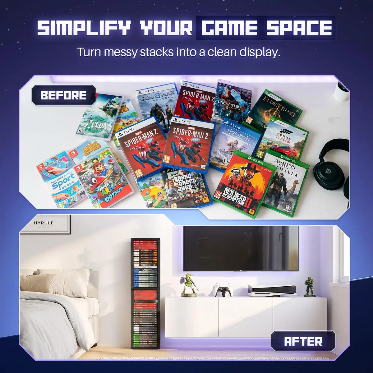 TNP Video Game Storage Tower for PS5 and Nintendo Switch | Space-Saving Organizer, Black, 36 Disc Capacity - view 5