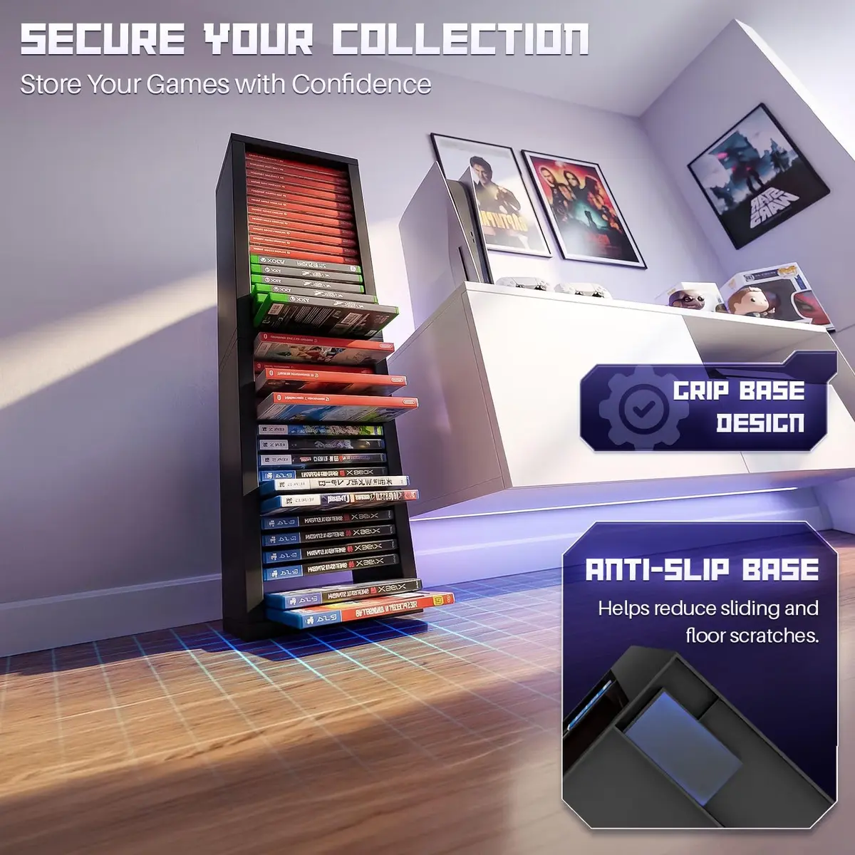 TNP Video Game Storage Tower for PS5 and Nintendo Switch | Space-Saving Organizer, Black, 36 Disc Capacity - view 6