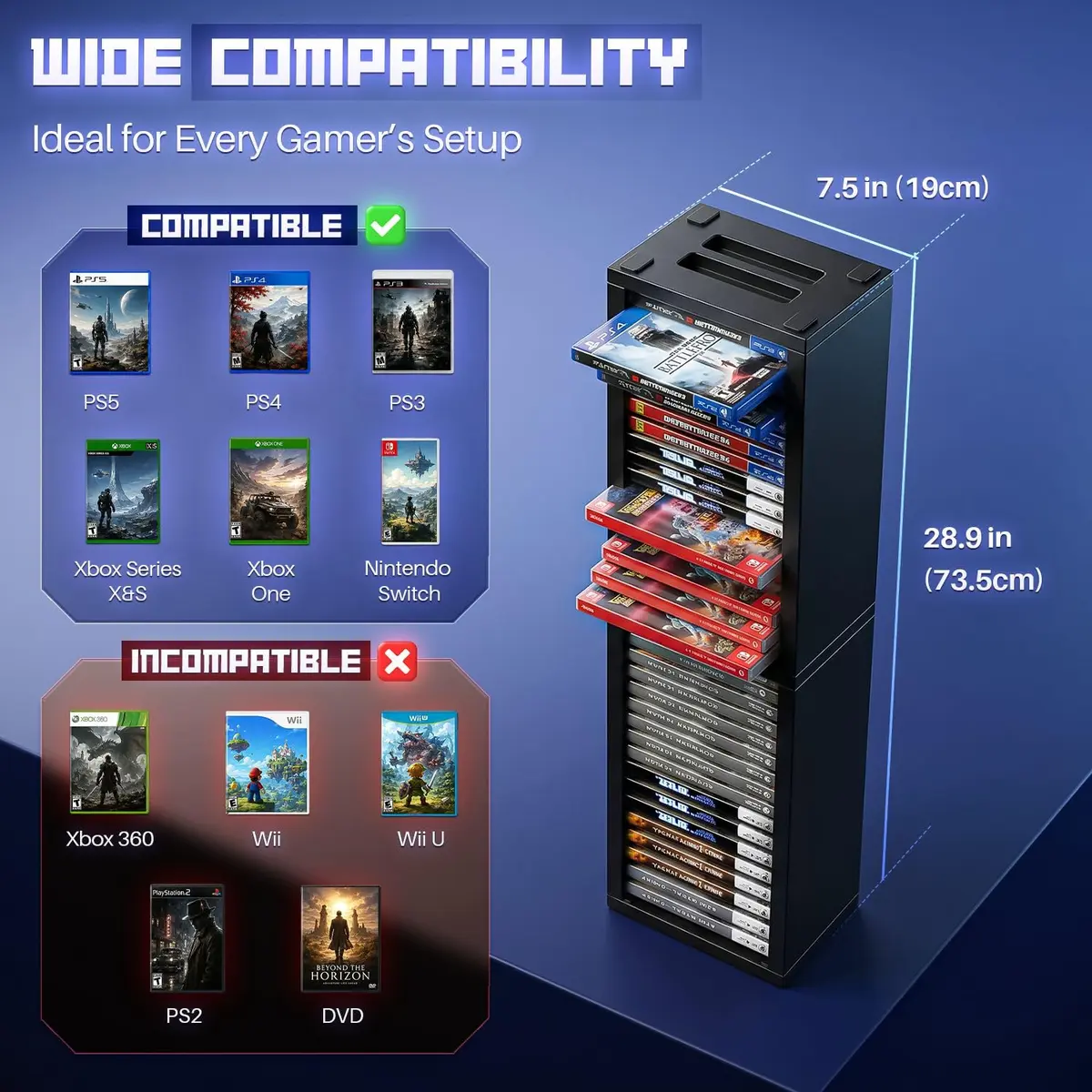 TNP Video Game Storage Tower for PS5 and Nintendo Switch | Space-Saving Organizer, Black, 36 Disc Capacity - view 7