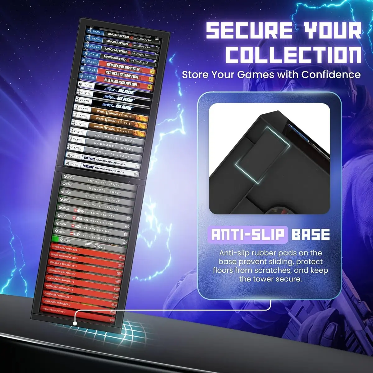 TNP Video Game Storage Tower for PS5 and Nintendo Switch | Space-Saving Organizer, Black, 36 Disc Capacity - view 9