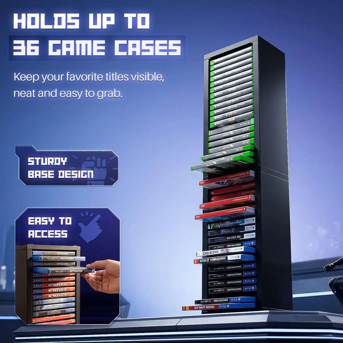 TNP Video Game Storage Tower for PS5 and Nintendo Switch | Space-Saving Organizer, Black, 36 Disc Capacity - view 3