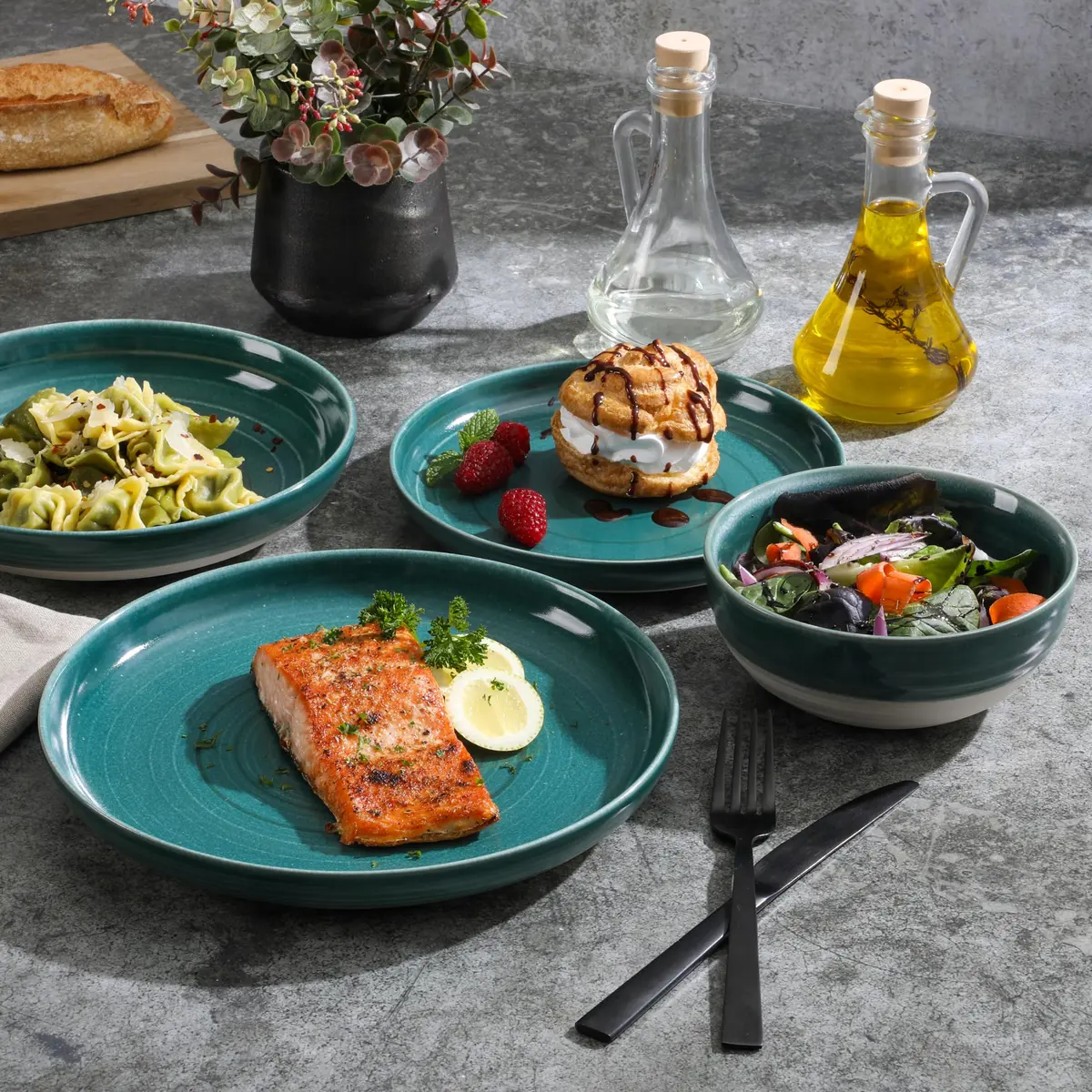 Gibson Elite Clarina 16 Piece Double Bowl Stoneware Dinnerware Set - Teal | Rustic Artisanal Design with Durable Glazing - view 2