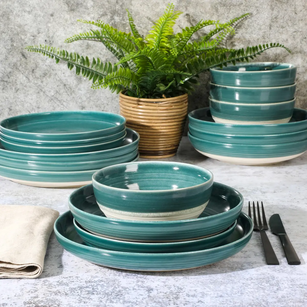 Gibson Elite Clarina 16 Piece Double Bowl Stoneware Dinnerware Set - Teal | Rustic Artisanal Design with Durable Glazing - view 3