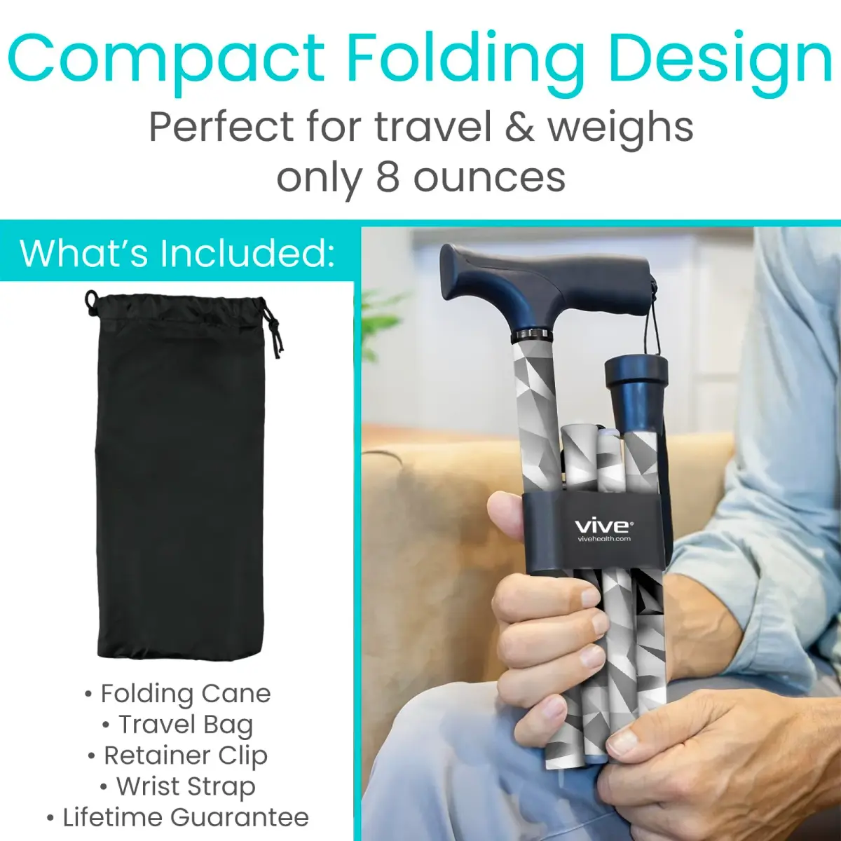 Vive Folding Cane - Adjustable Aluminum Walking Cane with Ergonomic Grip & Non-Slip Tip, 33-37 Inch Height | Mobility Aid for Men & Women - view 2