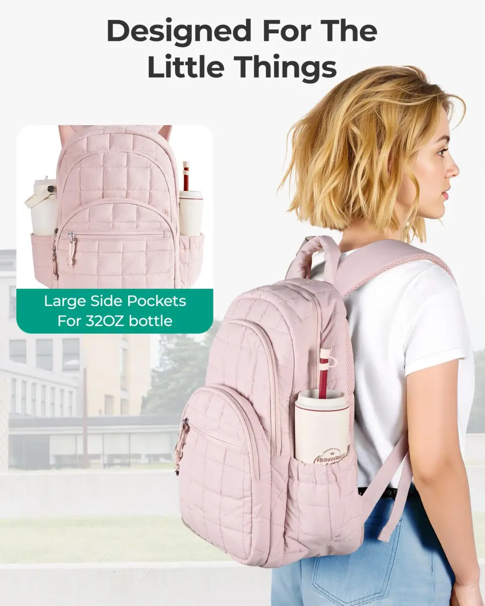 BAGSMART Women's Travel Backpack for 15.6" Laptop, Pink Quilted Casual Daypack | Water-Resistant with Trolley Sleeve - view 5