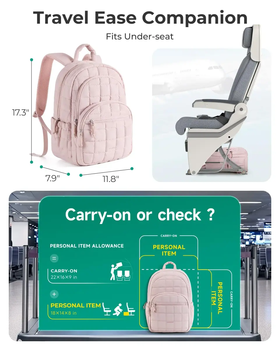 BAGSMART Women's Travel Backpack for 15.6" Laptop, Pink Quilted Casual Daypack | Water-Resistant with Trolley Sleeve - view 3