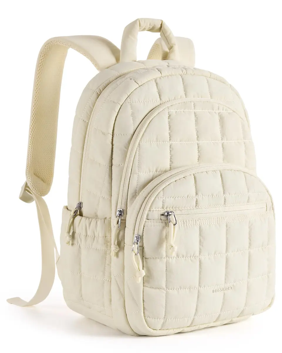 BAGSMART Women's 15.6" Laptop Backpack, Beige Quilted Travel Daypack | Water-Resistant with Trolley Sleeve - main product image
