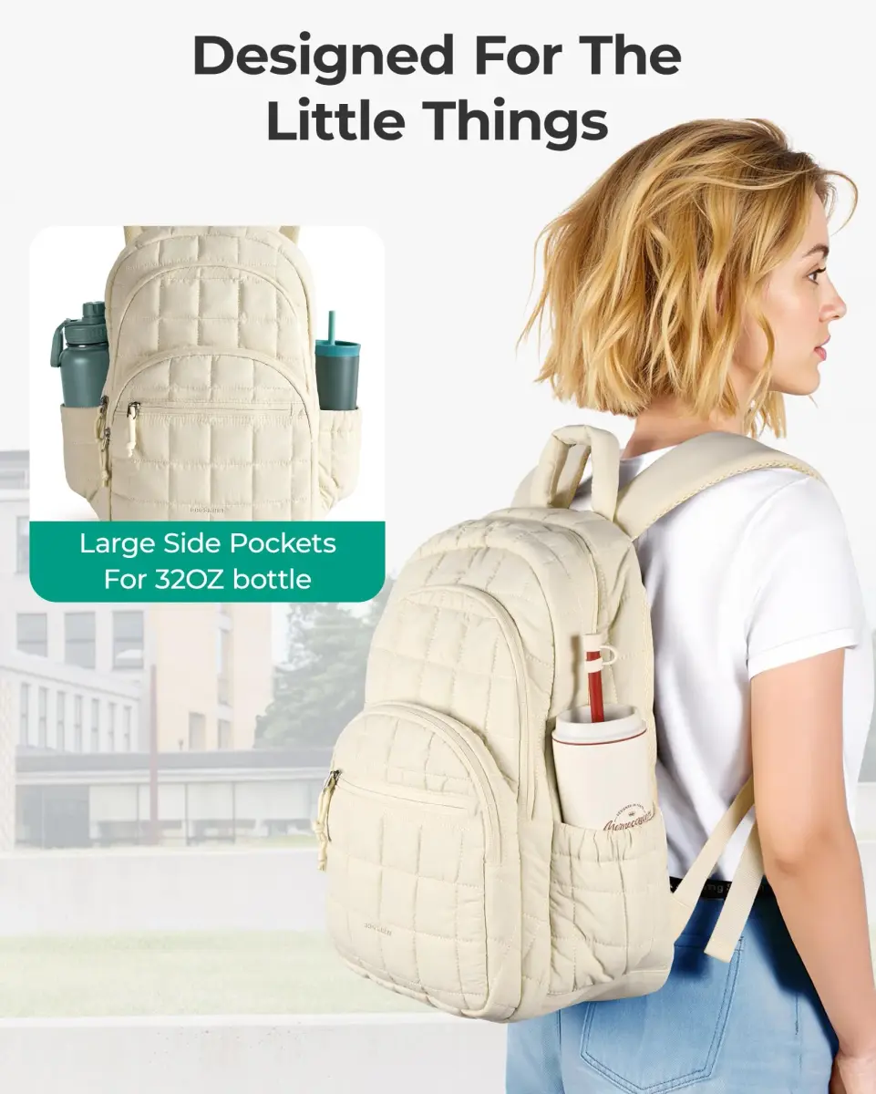 BAGSMART Women's 15.6" Laptop Backpack, Beige Quilted Travel Daypack | Water-Resistant with Trolley Sleeve - view 4
