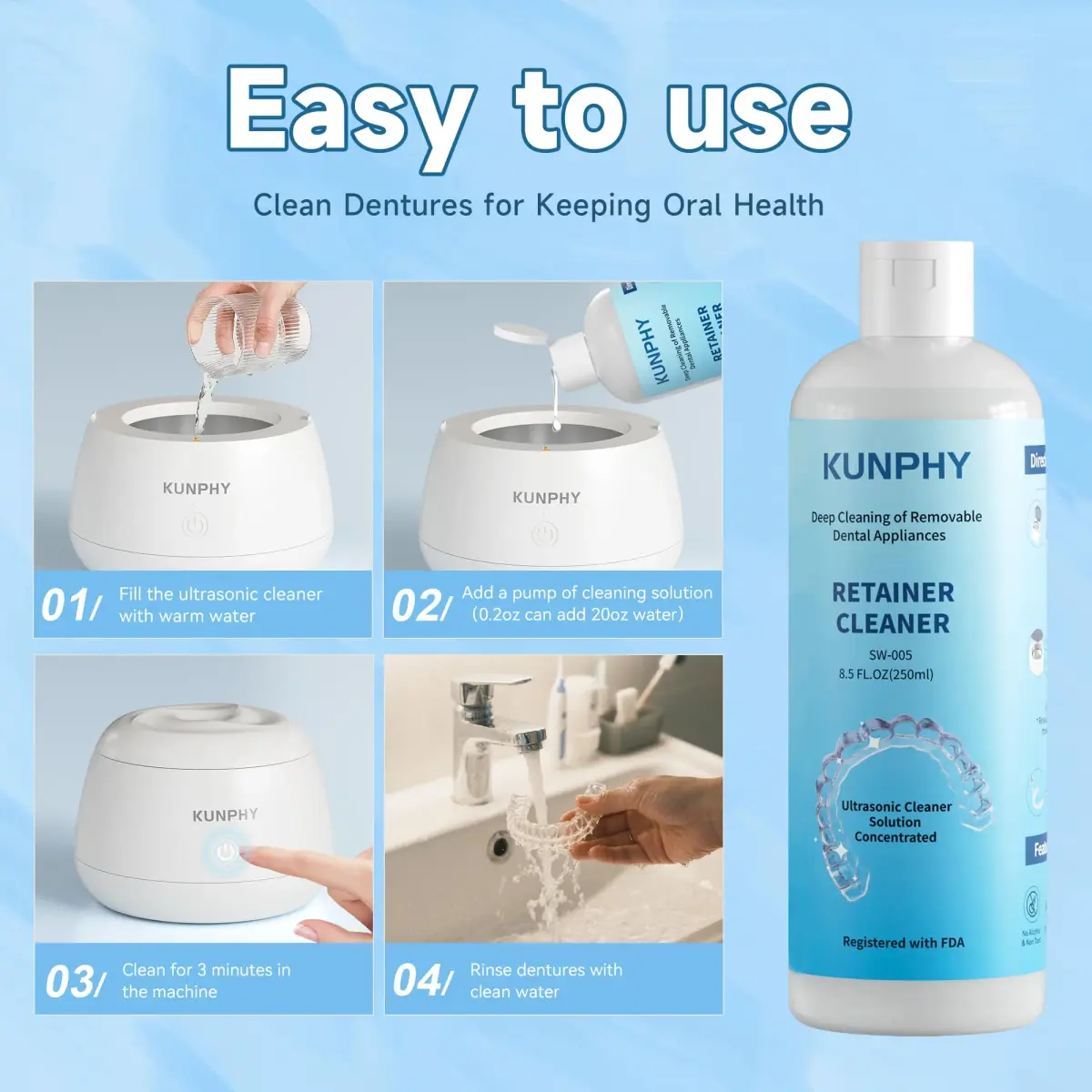 kunphy Ultrasonic Retainer Cleaner Solution 500ml (17 fl oz) | Cleans Aligners, Mouthguards & Dentures - view 6