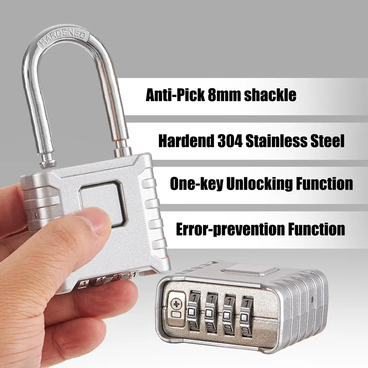 disecu Heavy Duty Long Shackle Combination Lock, 4-Digit Resettable, Weatherproof Outdoor Padlock | 8mm Hardened Stainless Steel Shackle - view 3