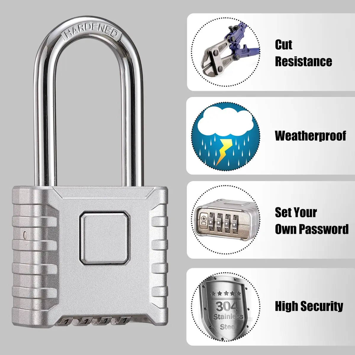 disecu Heavy Duty Long Shackle Combination Lock, 4-Digit Resettable, Weatherproof Outdoor Padlock | 8mm Hardened Stainless Steel Shackle - view 4