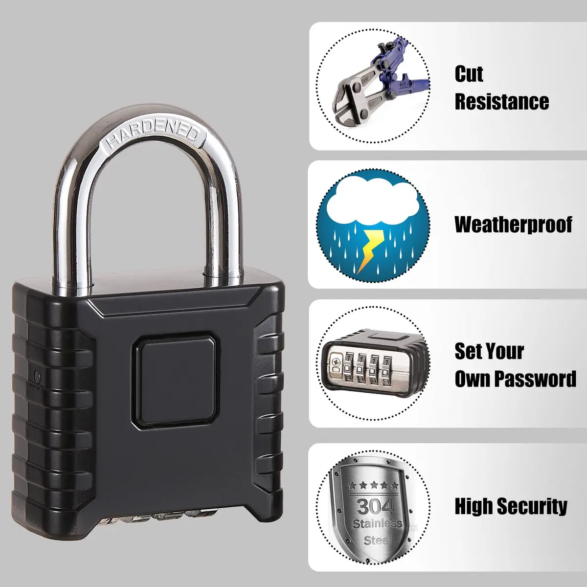 disecu Heavy Duty 4 Digit Combination Lock, 85mm (3.35 in) Height, Black | Resettable Code, Weatherproof - view 4