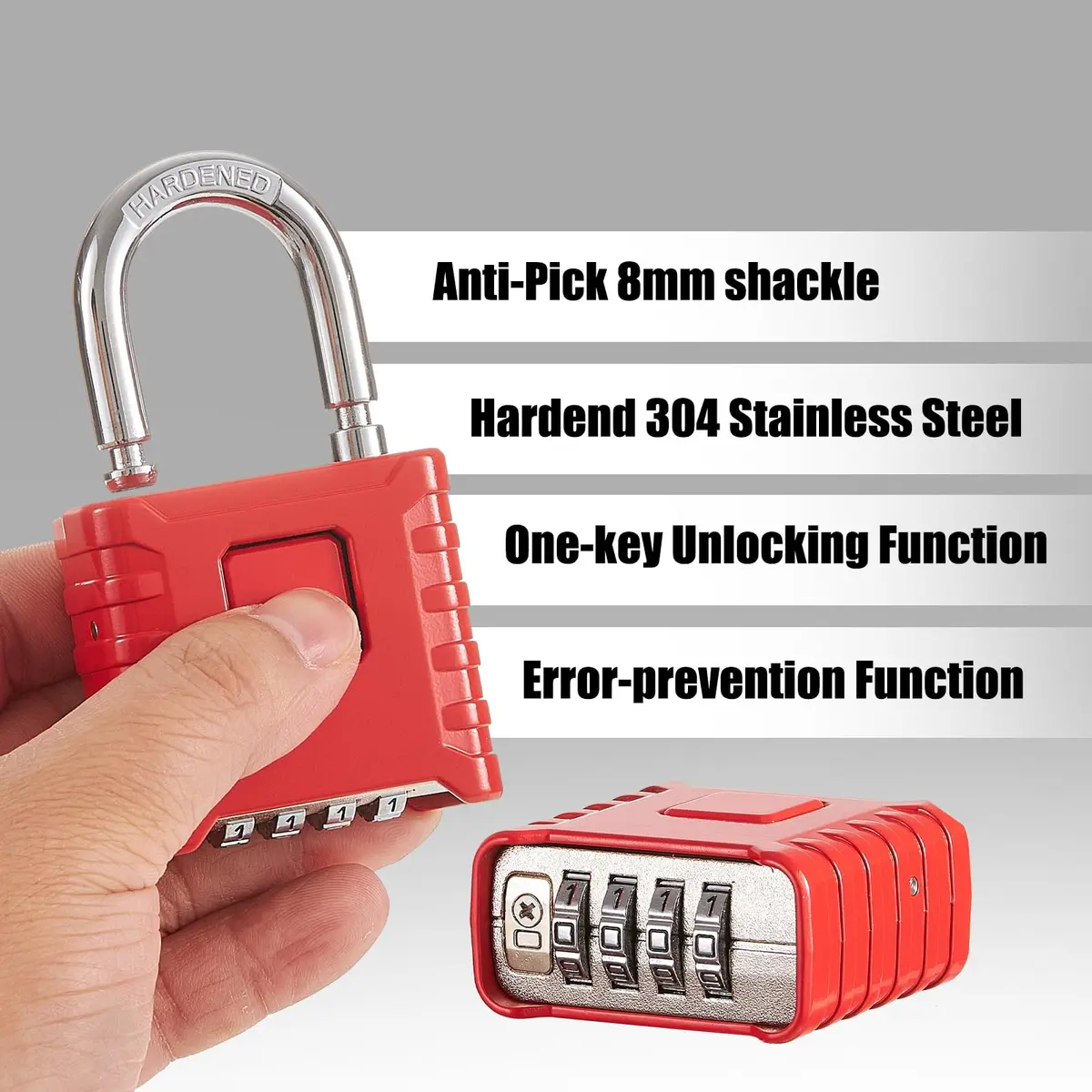 disecu Heavy Duty 4 Digit Combination Lock | Waterproof Outdoor Padlock for School & Gym (Red) - view 3