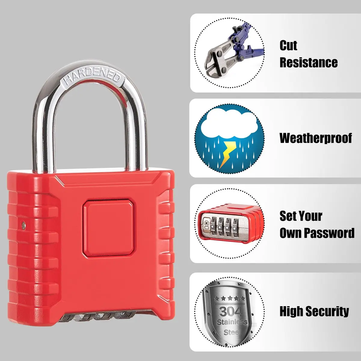disecu Heavy Duty 4 Digit Combination Lock | Waterproof Outdoor Padlock for School & Gym (Red) - view 4