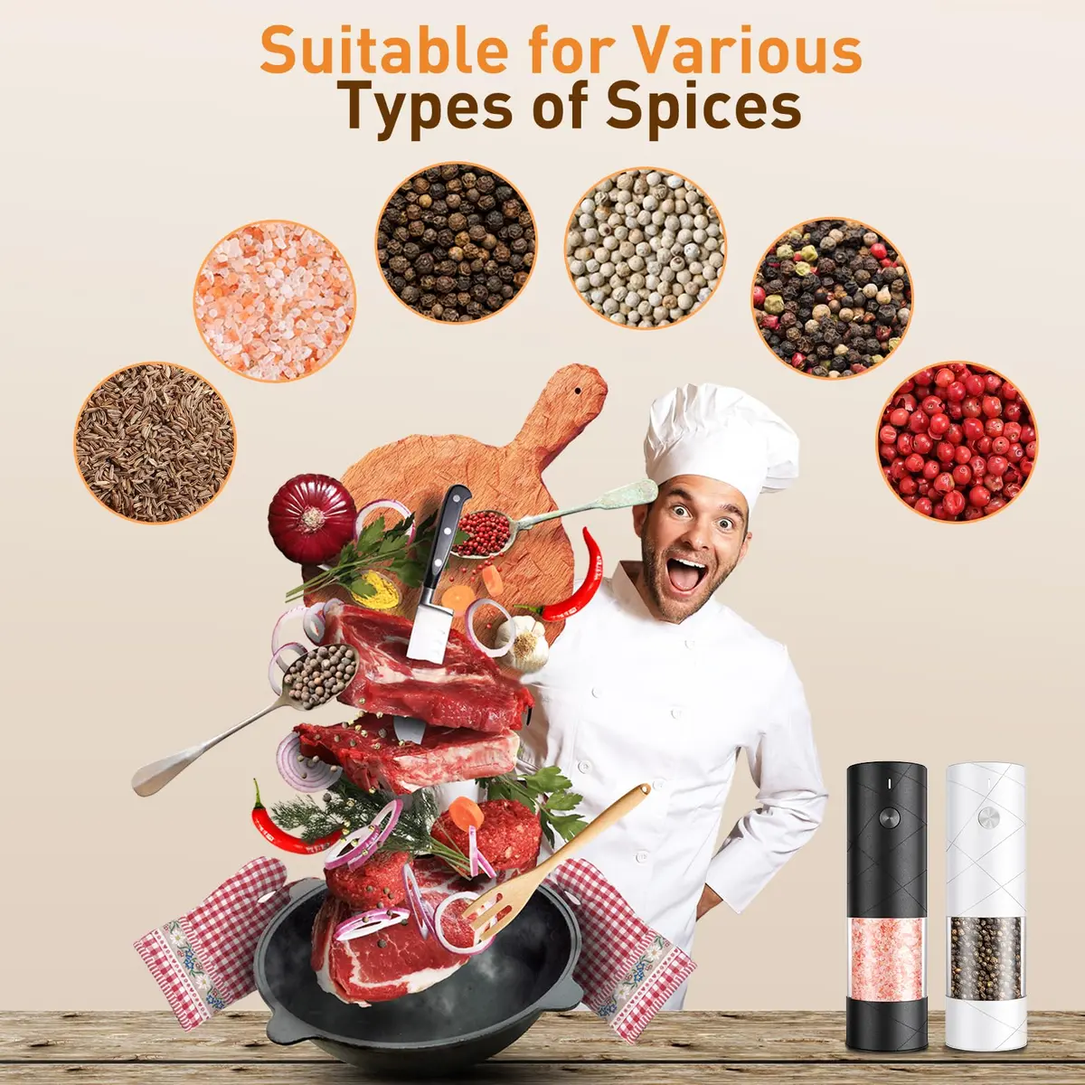 FRTONYI Electric Salt and Pepper Grinder Set | Rechargeable Automatic Spice Mill with LED, Adjustable Coarseness, One-Hand Operation - view 5