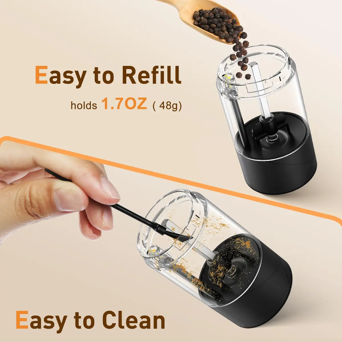 FRTONYI Electric Salt and Pepper Grinder Set | Rechargeable Automatic Spice Mill with LED, Adjustable Coarseness, One-Hand Operation - view 6