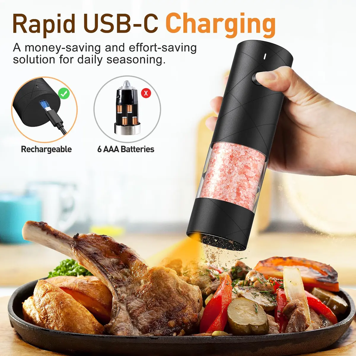 FRTONYI Electric Salt and Pepper Grinder Set | Rechargeable Automatic Spice Mill with LED, Adjustable Coarseness, One-Hand Operation - view 2