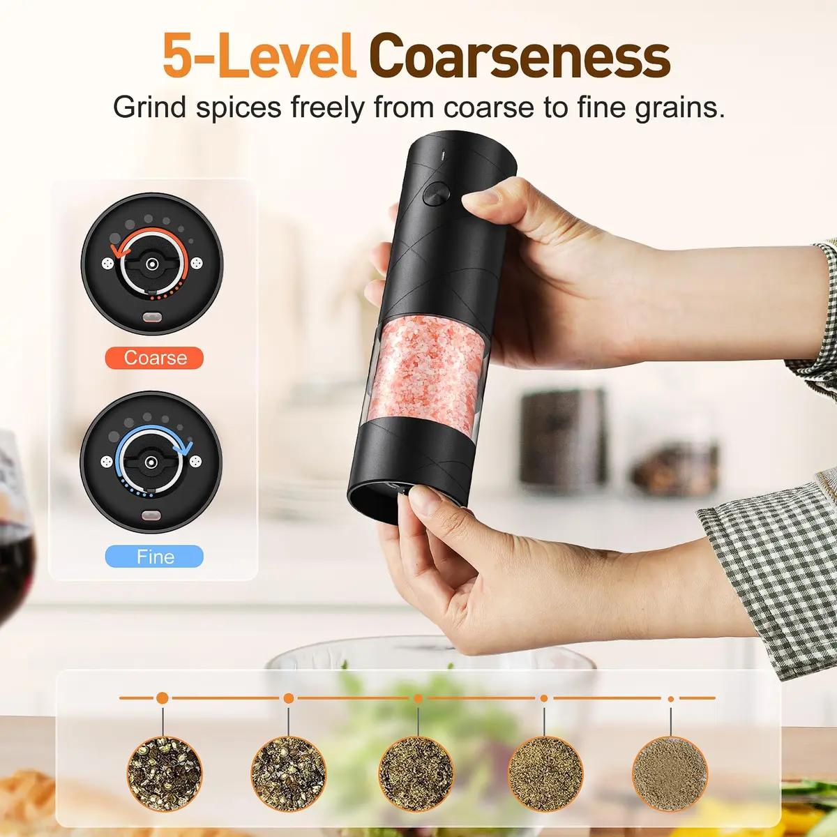 FRTONYI Electric Salt and Pepper Grinder Set | Rechargeable Automatic Spice Mill with LED, Adjustable Coarseness, One-Hand Operation - view 4