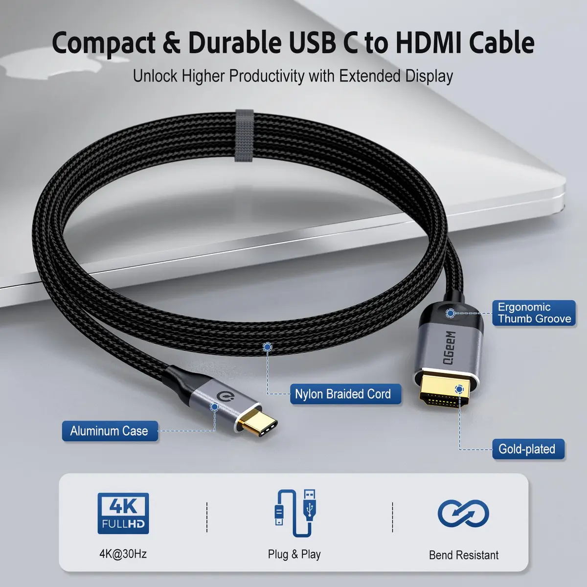 QGeeM USB C to HDMI 4K Cable 6Ft | Thunderbolt 3/4/5 Compatible, 4K@30Hz, Braided Nylon, Aluminum Heat Dissipation - view 2